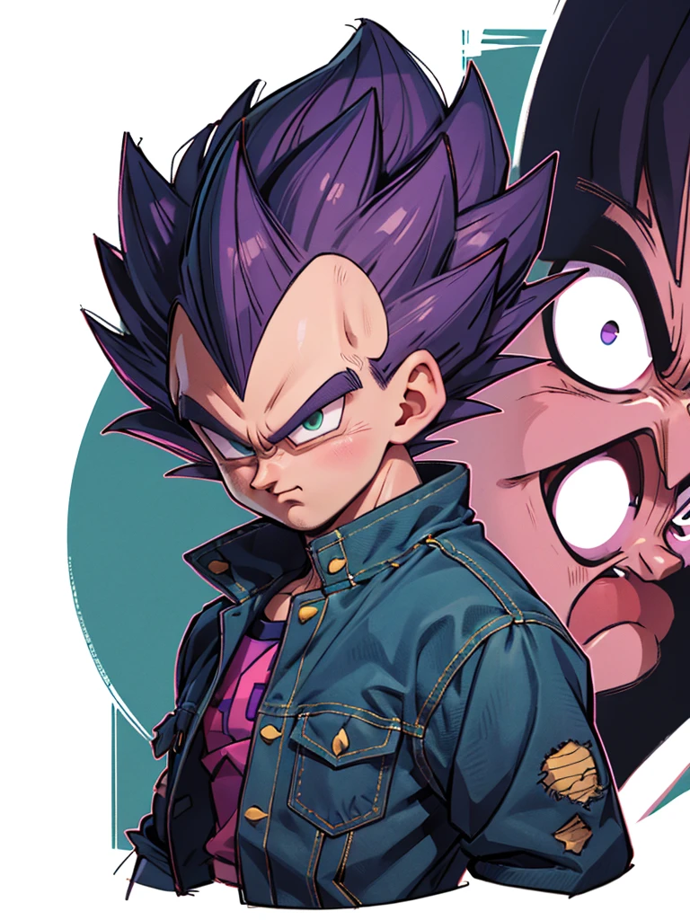 1man, solo, (masterpiece), best quality, ultra-detailed, Vegeta from Dragon Ball Z, super saiyan hair, Retro style, full body. fashion cloth, purple jean jacket, fancy, portrait, upper body, face detail, eyes detail: 1.3, simple background, green eyes, pink shirt, white background.