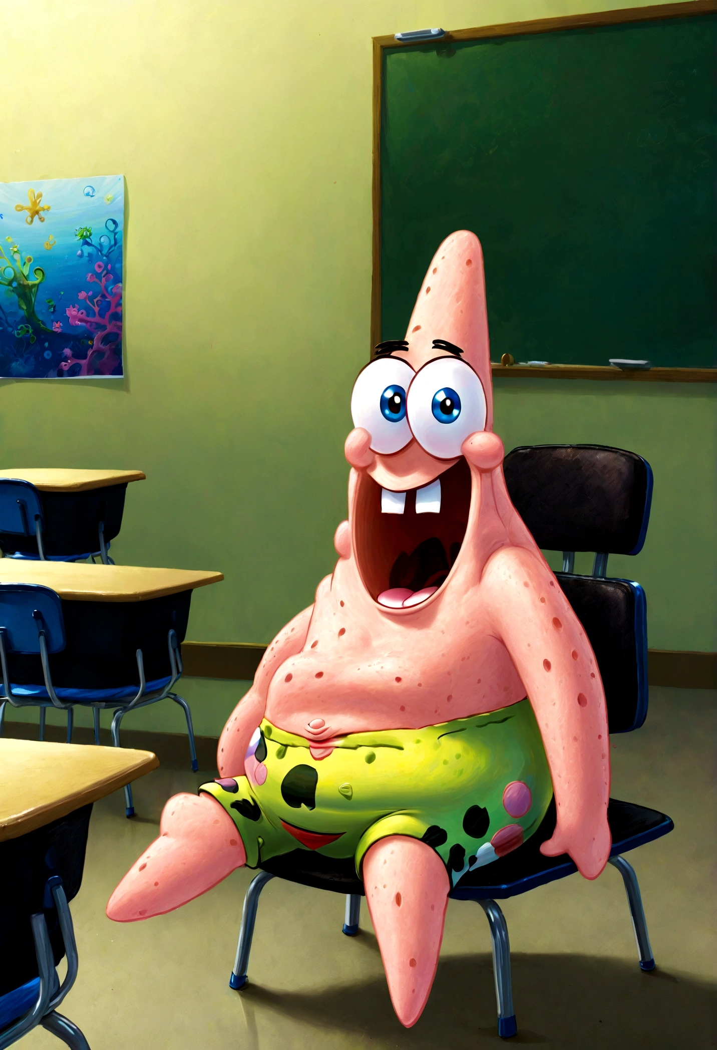 1boy, Patrick Star, ukj character, SpongeBob SquarePants, sit, classroom, anime, best quality, masterpiece, very aesthetic, perfect composition, intricate details, ultra-detailed