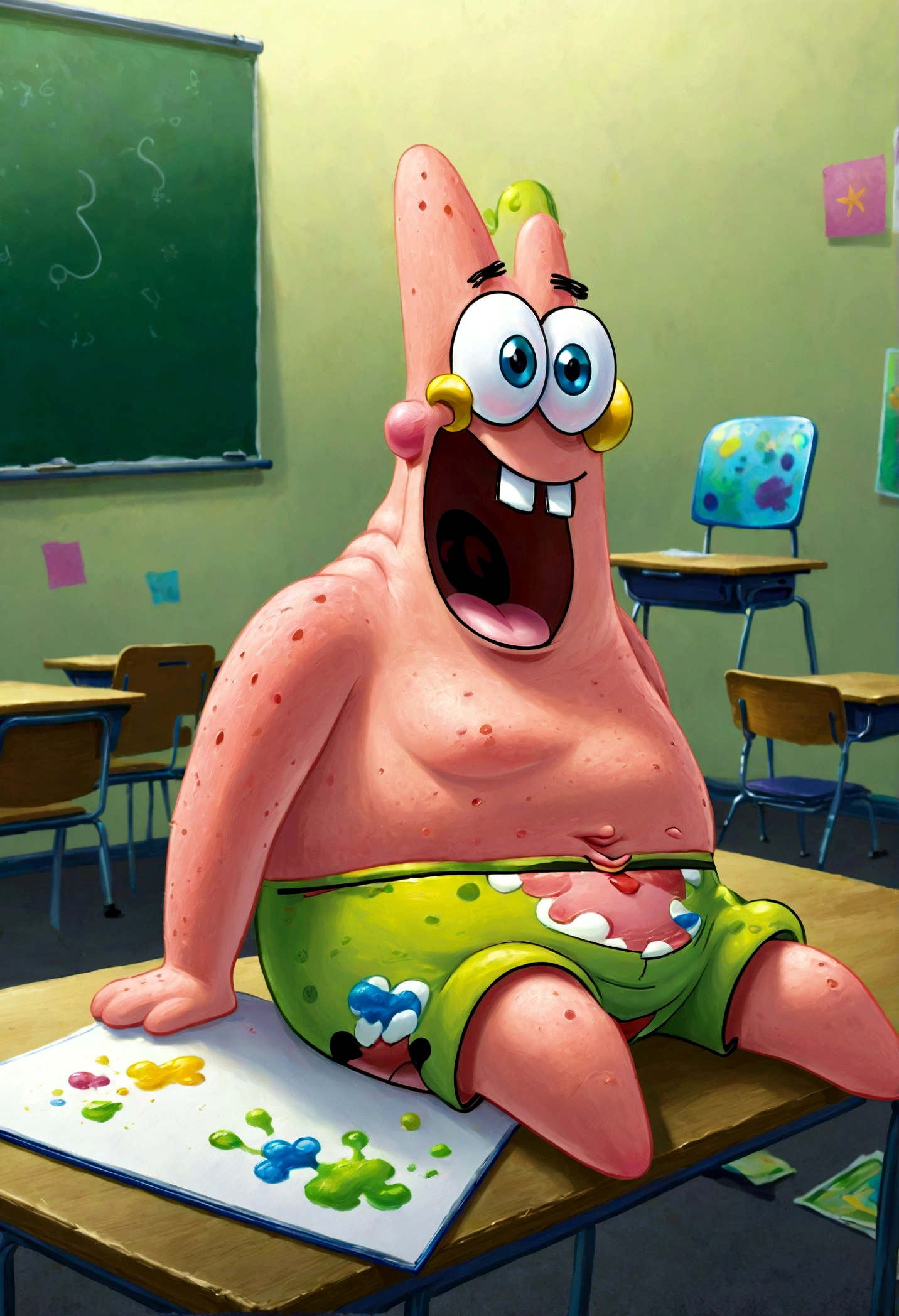 1boy, Patrick Star, ukj character, SpongeBob SquarePants, sit, classroom, anime, best quality, masterpiece, very aesthetic, perfect composition, intricate details, ultra-detailed