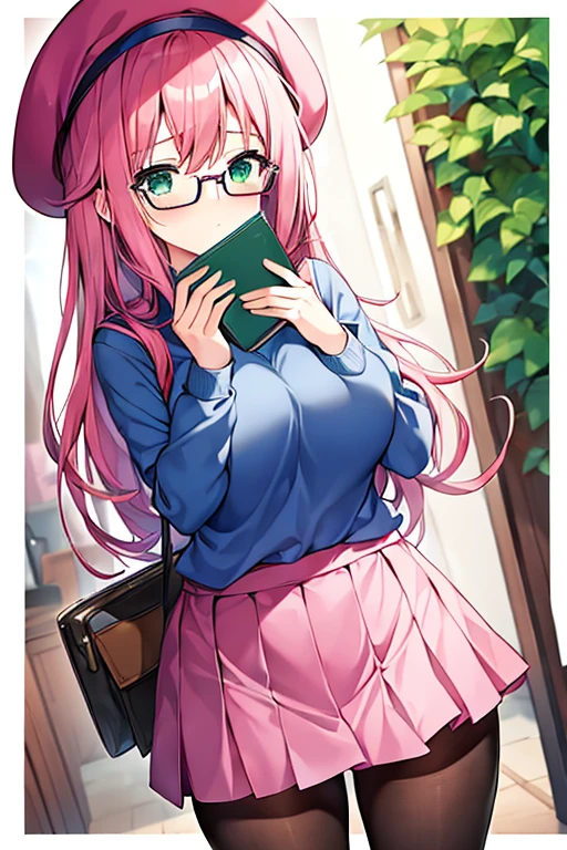 1girl, pink hair, beret, blue shirt, book, book over mouth, covering mouth, shy, timid, wavu hair, long hair, shirt, skirt, miniskirt, pantyhose, large breasts, thick thighs, black pantyhose, green eyes, red glassea, glasses, mature female