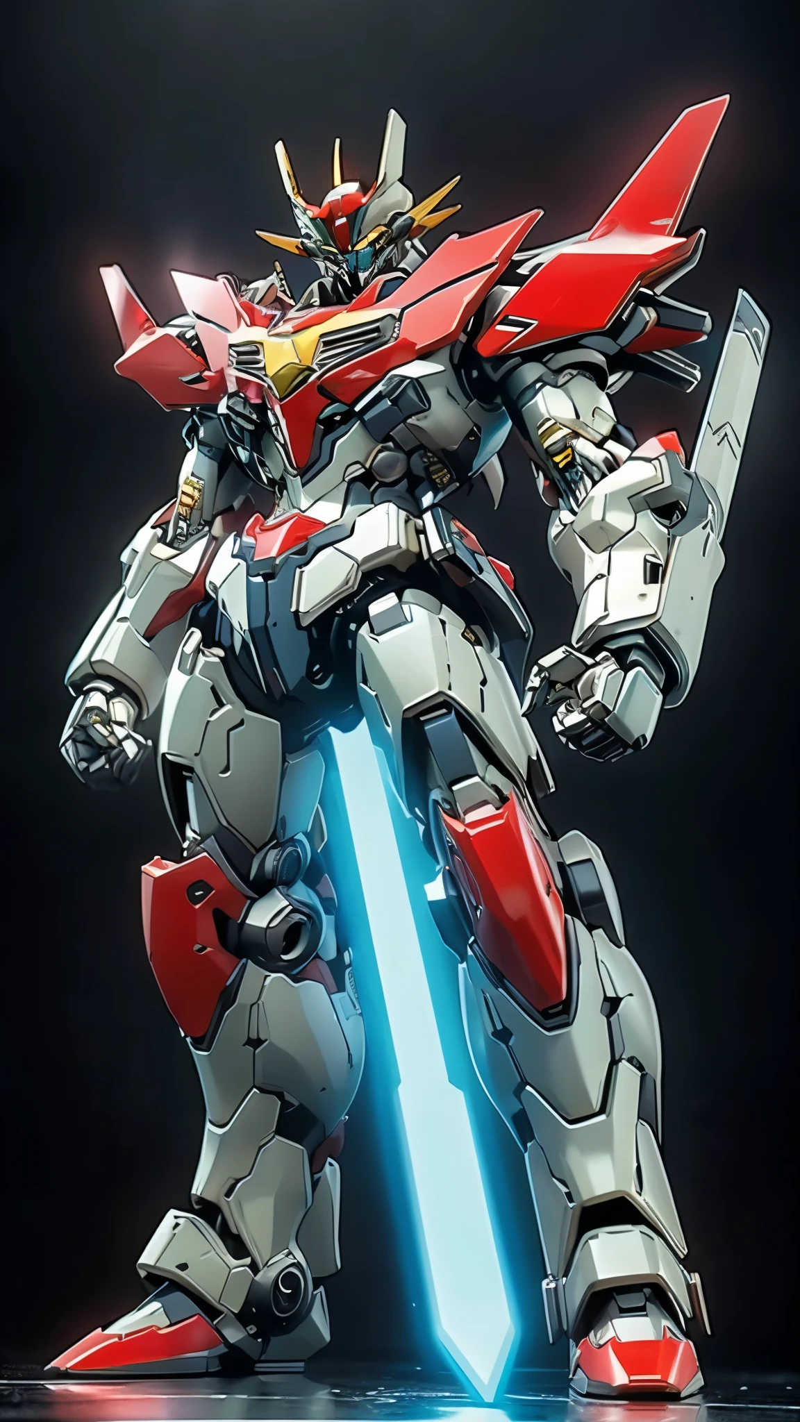 Humanoid Mecha, fully enclosed shoulder guards, matching arm and leg guards, full body, full armor, the design balances heavy with agility, (the color scheme is primarily white with red and blue accents, the concept Inspired by Mazinger Z, organic biotech armor, standing, floating high above the futuristic sci-fi city), exquisite and mature art style, (aura effect, energy, glowing eyes, the armor glows), Super robot, ((SRS)), metallic, dynamic, dramatic, high definition, best quality, highres, ultra-detailed, ultra-fine painting, extremely delicate, professional, perfect body proportions, anatomically correct, symmetrical face, extremely detailed eyes and face, high quality eyes, creativity, RAW photo, UHD, 32k, Natural light, cinematic lighting, masterpiece-anatomy-perfect, masterpiece:1.5