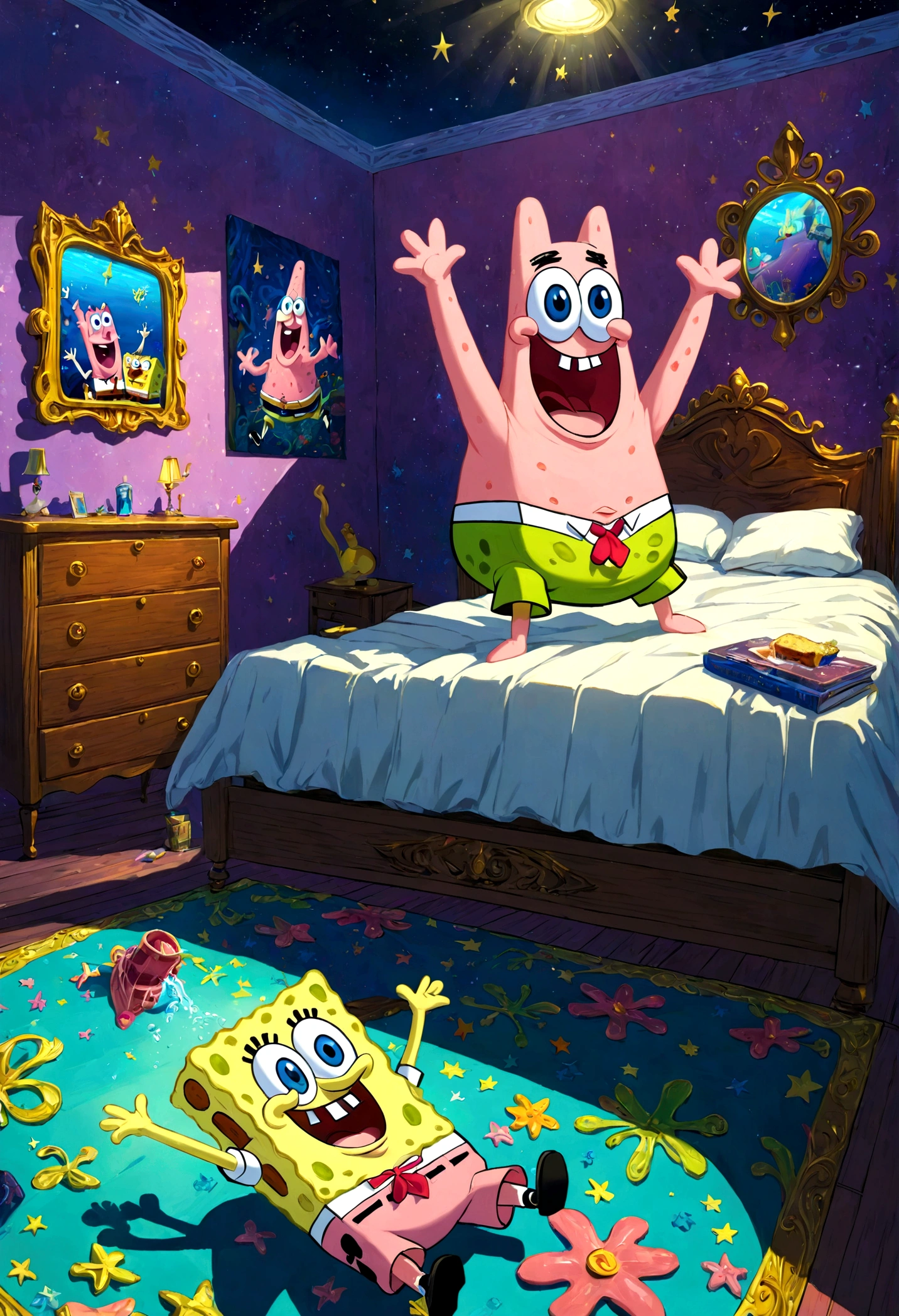 1boy, Patrick Star, ukj character, SpongeBob SquarePants, bedroom, anime, best quality, masterpiece, very aesthetic, perfect composition, intricate details, ultra-detailed