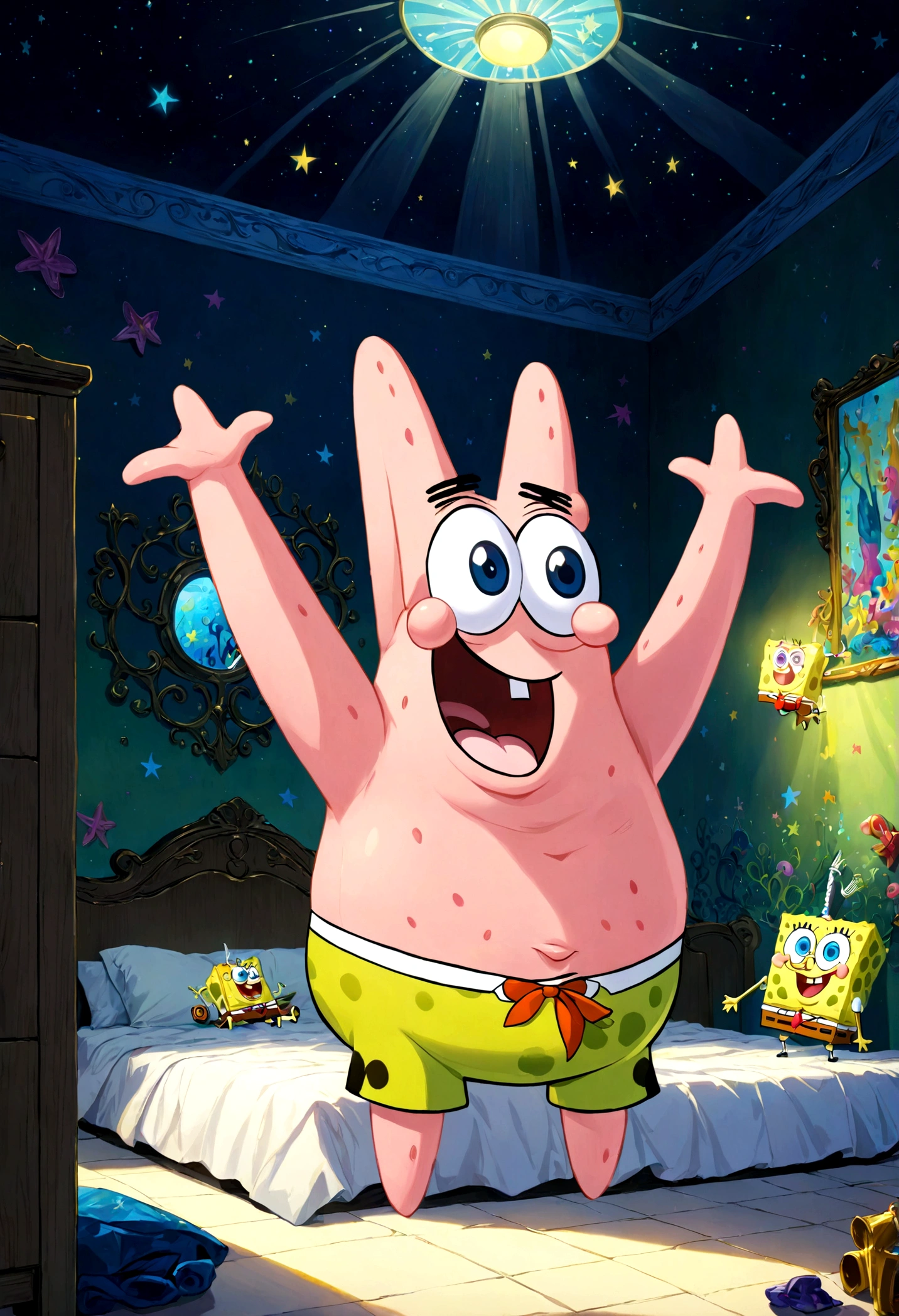 1boy, Patrick Star, ukj character, SpongeBob SquarePants, bedroom, anime, best quality, masterpiece, very aesthetic, perfect composition, intricate details, ultra-detailed