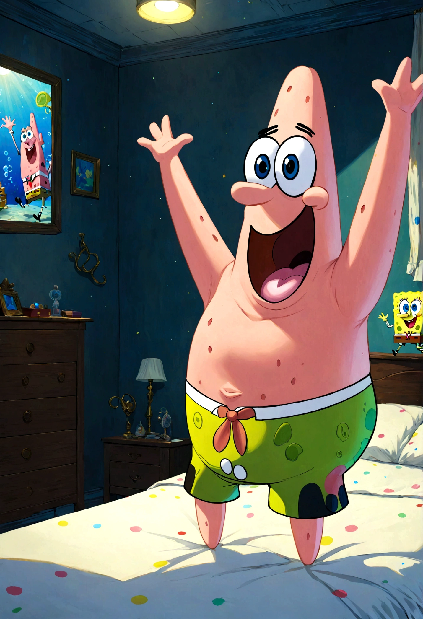 1boy, Patrick Star, ukj character, SpongeBob SquarePants, bedroom, anime, best quality, masterpiece, very aesthetic, perfect composition, intricate details, ultra-detailed