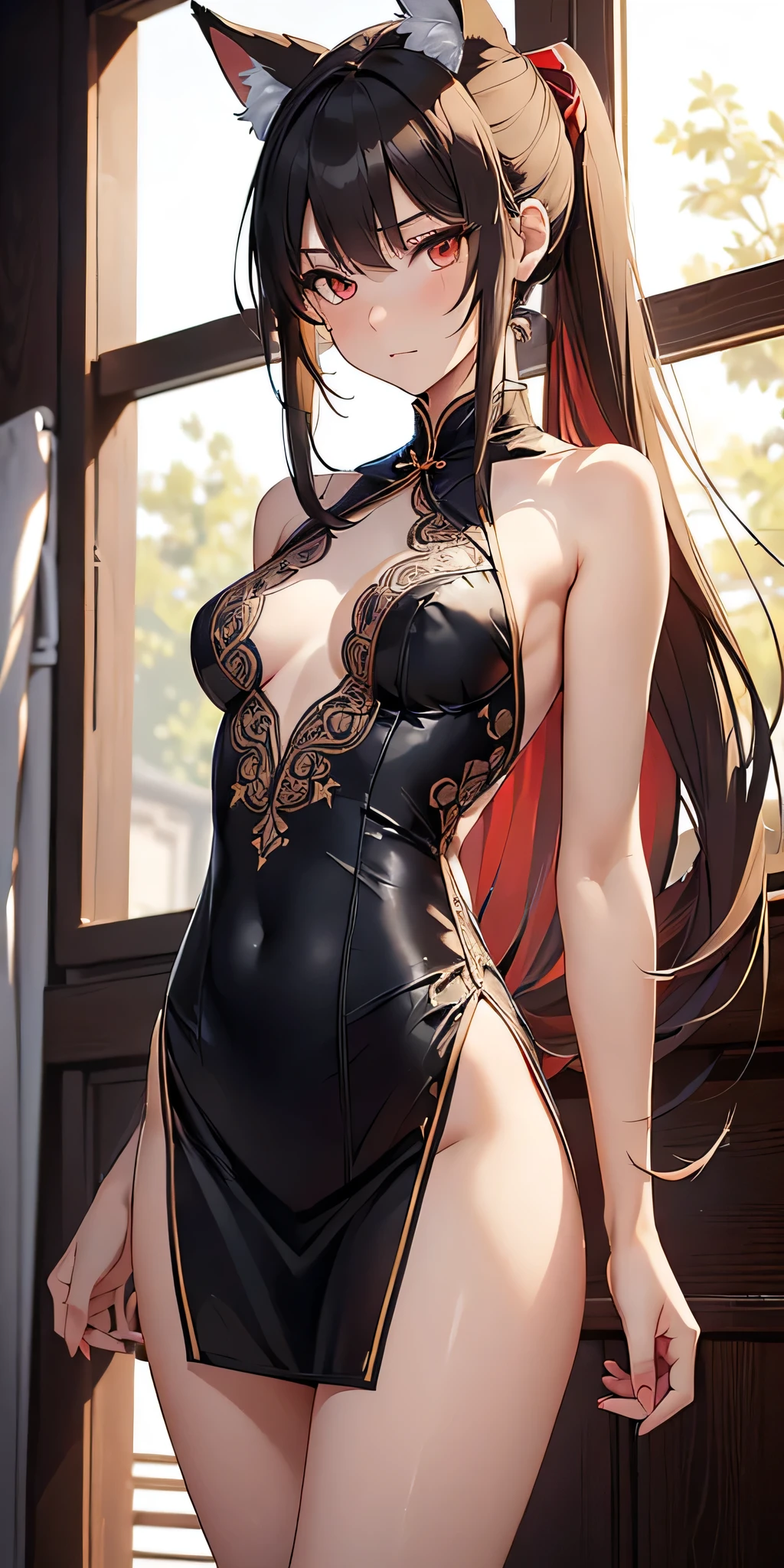 (((professional: Step by step, taking into account even the smallest detail, God-level final result, all intricate details, cowboy shot, solo 1girl view))): "1 fox girl, ruby eyes, fox ears, fox tail, high ponytail, firm breasts, medium breasts, smug, cute, short black china dress, very low-cut, (light clothing very thin and transparent like air), side full body, pelvic short curtain, thigh ribbon, (pumps:1), (hugging own leg:1.1), chinese style, indoors, sharp focus, see nude, covered body, looking at viewer, (intricate:1.3), red light theme, (orange tone:0.7), illustration, "