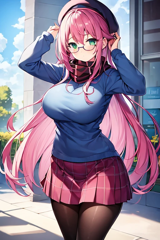 1girl, pink hair, beret, blue shirt, book, book over mouth, covering mouth, shy, timid, wavu hair, long hair, shirt, skirt, miniskirt, pantyhose, huge breasts, thick thighs, black pantyhose, green eyes, red glassea, glasses, mature female, 