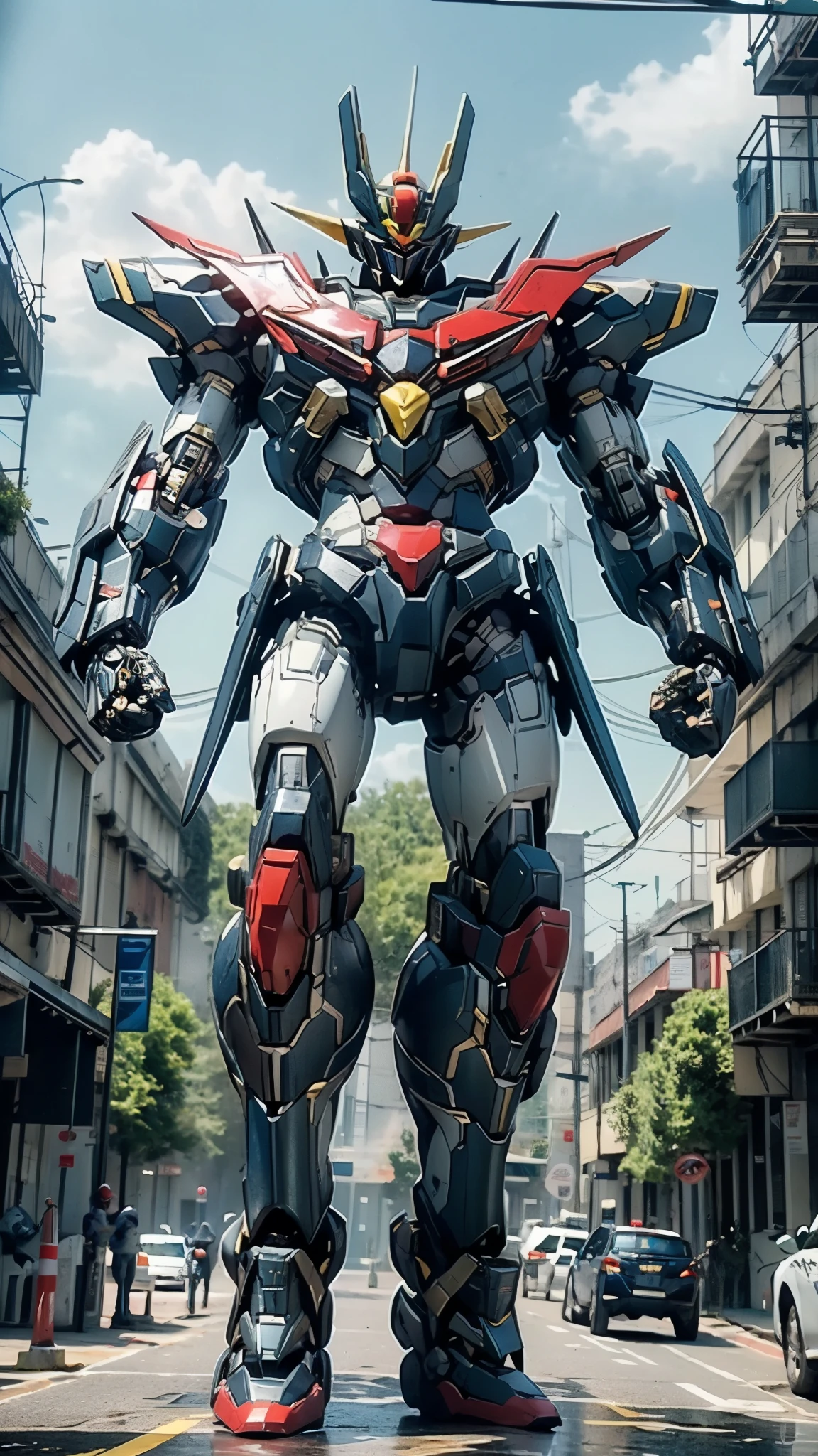 Humanoid Mecha, fully enclosed shoulder guards, matching arm and leg guards, full body, full armor, the design balances heavy with agility, (the color scheme is primarily white with red and blue accents, the concept Inspired by Mazinger Z, organic biotech armor, standing, floating high above the futuristic sci-fi city), exquisite and mature art style, (aura effect, energy, glowing eyes, the armor glows), Super robot, ((SRS)), metallic, dynamic, dramatic, high definition, best quality, highres, ultra-detailed, ultra-fine painting, extremely delicate, professional, perfect body proportions, anatomically correct, symmetrical face, extremely detailed eyes and face, high quality eyes, creativity, RAW photo, UHD, 32k, Natural light, cinematic lighting, masterpiece-anatomy-perfect, masterpiece:1.5