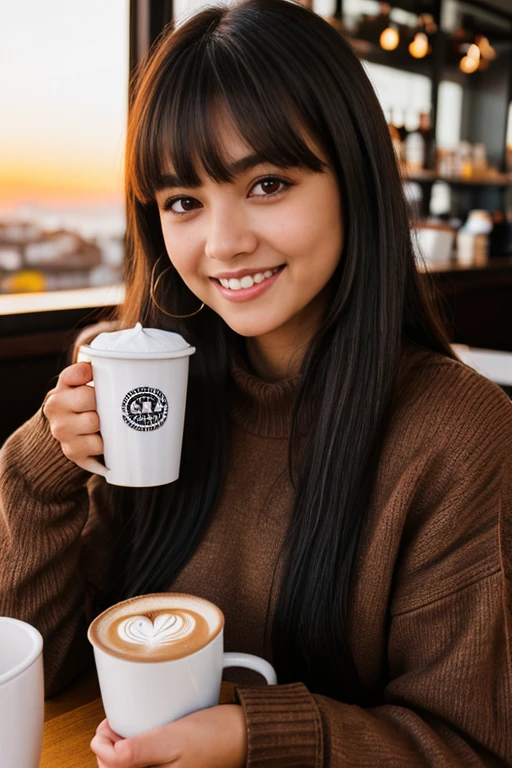 Cute black long straight hair brown eyes round face girl wearing brown sweater sitting in café drinking coffee, sunset, toothy smile with bangs, holding a poodle puppy in her arms