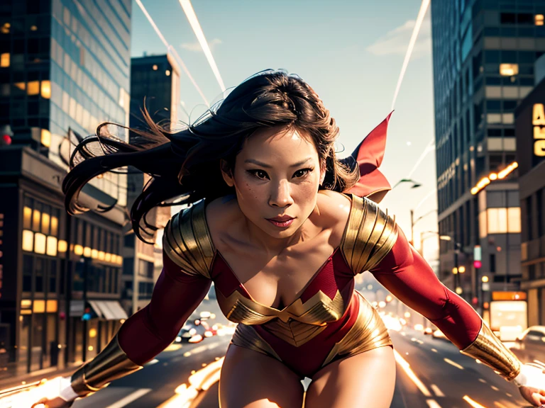 Lucy Liu cosplay as Shazam, Hero Flying Woman, Masterpiece, Best Quality, High Contrast, (Photorealistic:1.4), 8k High Definition Detailed Realistic, (Best Quality, Masterpiece:1.2), Physically-Based Rendering, Best Quality, Highly Detailed, 1 Woman, Caped, Flying, ((Upper Body in Motion, Muscular Frame)), ((Colorful Costume, Bright and Vibrant)), legacy effects, Cinematic Lighting, ((Dynamic Poses, Flying Postures)), (Beautiful Face, Strong Jawline, Defined Cheekbones), ((Long, Wavy Hair, Hair Trails behind)), (((