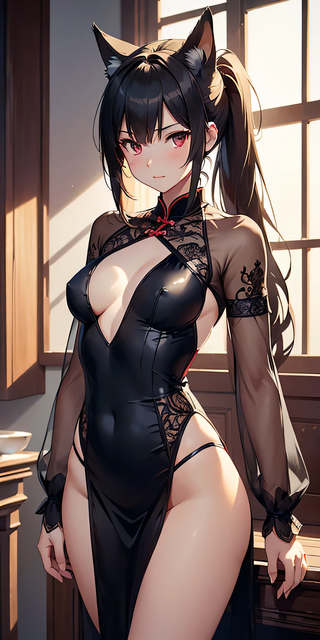 (((professional: Step by step, taking into account even the smallest detail, God-level final result, all intricate details, cowboy shot, solo 1girl view))): "1 fox girl, ruby eyes, fox ears, fox tail, high ponytail, firm breasts, medium breasts, smug, cute, short black china dress, very low-cut, (light clothing very thin and transparent like air), side full body, pelvic curtain, thigh ribbon, (pumps:1), (hugging own leg:1.1), chinese style, indoors, sharp focus, looking at viewer, (intricate:1.3), red light theme, (orange tone:0.7), illustration, "