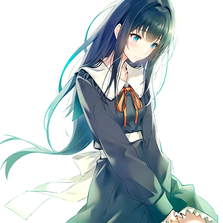 (masterpiece, best quality:1.2), 1girl, solo, (Long sleeve), school uniform, long hair, black hair, black dress, frills, neck ribbon, red neckwear, red ribbon, sailor collar, 