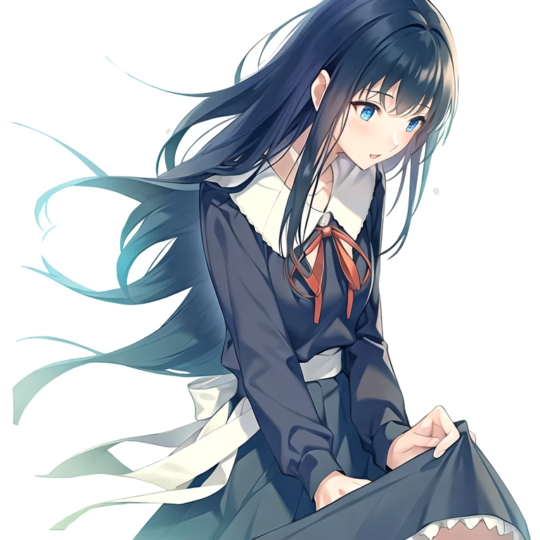 (masterpiece, best quality:1.2), 1girl, solo, (Long sleeve), school uniform, long hair, black hair, black dress, frills, neck ribbon, red neckwear, red ribbon, sailor collar, 