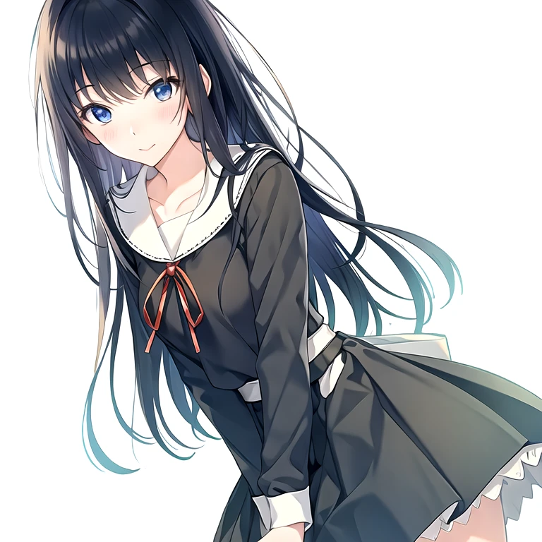 (masterpiece, best quality:1.2), 1girl, solo, (Long sleeve), school uniform, long hair, black hair, black dress, frills, neck ribbon, red neckwear, red ribbon, sailor collar, 