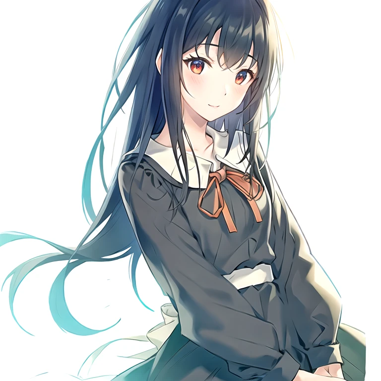 (masterpiece, best quality:1.2), 1girl, solo, (Long sleeve), school uniform, long hair, black hair, black dress, frills, neck ribbon, red neckwear, red ribbon, sailor collar,