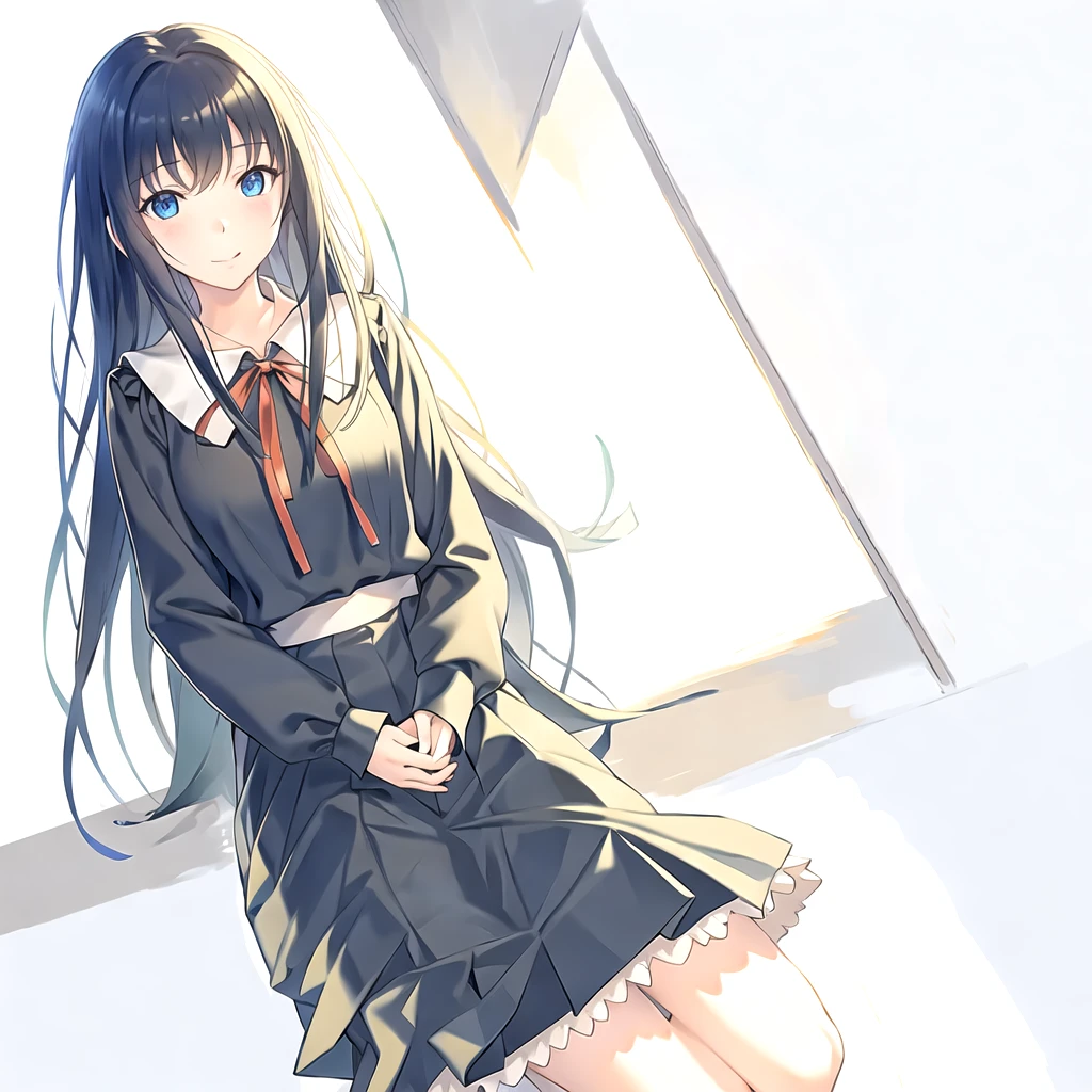 (masterpiece, best quality:1.2), 1girl, solo, (Long sleeve), school uniform, long hair, black hair, black dress, frills, neck ribbon, red neckwear, red ribbon, sailor collar, 