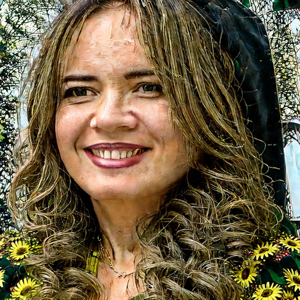 close-up, 40yo woman (wavy hair, green eyes, smile), detailed skin, wearing a floral detailed dress, in a sunflower garden, looking at viewer, UHD, photorealistic, realistic, 8K, 16K, masterpiece, studio lighting, professional photograph, 