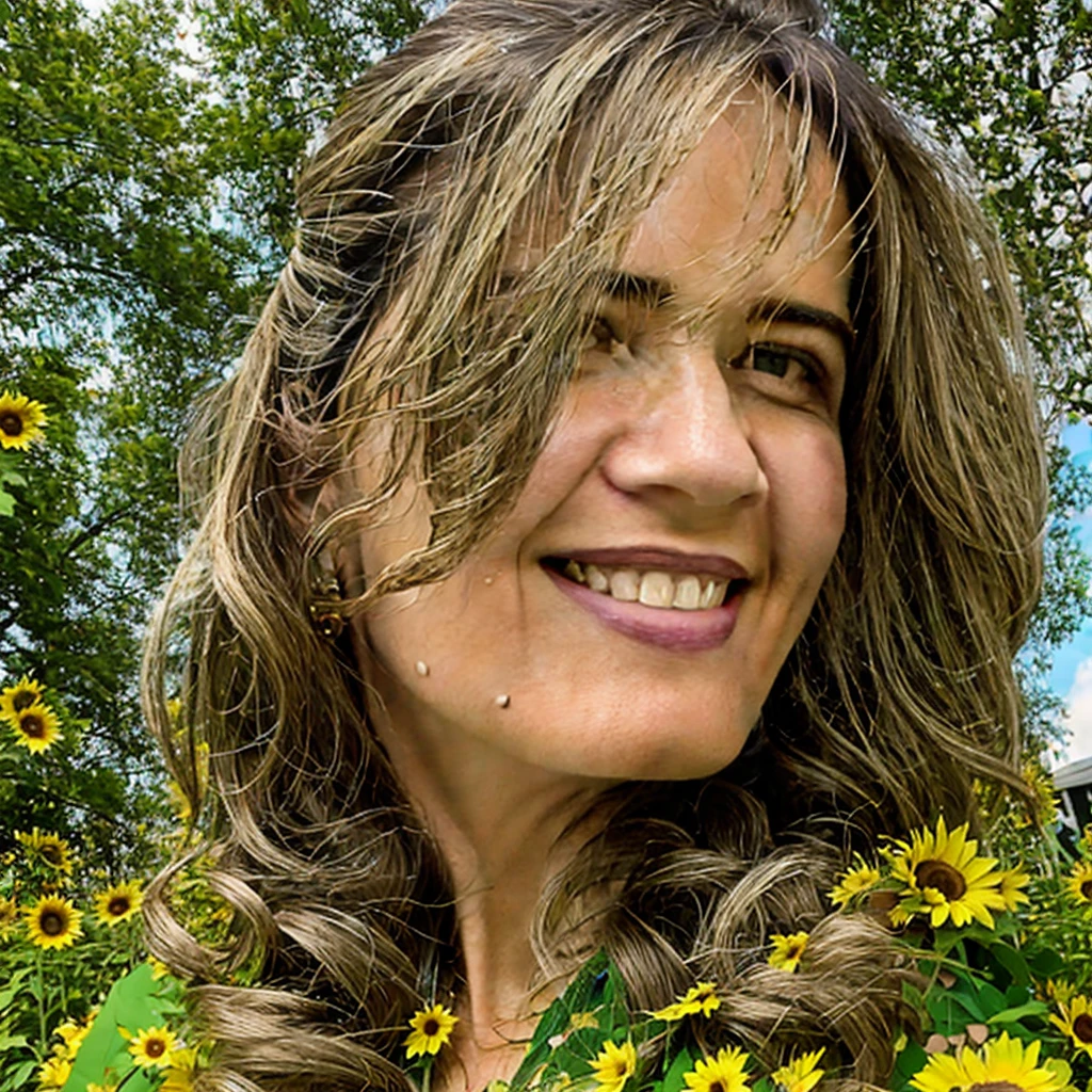 close-up, 40yo woman (wavy hair, green eyes, smile), detailed skin, wearing a floral detailed dress, in a sunflower garden, looking at viewer, UHD, photorealistic, realistic, 8K, 16K, masterpiece, studio lighting, professional photograph,