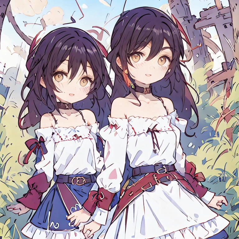 (masterpiece, best quality:1.2), dress,1girl, bare shoulders, belt, eyebrows visible through hair, hair between eyes, long sleeves, looking at viewer, off shoulder, shirt, single thighhigh, solo, thighhighs, white legwear, white shirt,off-shoulder dress,frilled skirt,belt buckle,sleeveless,buckle,choker,frills,medium hair,frilled dress,frilled shirt