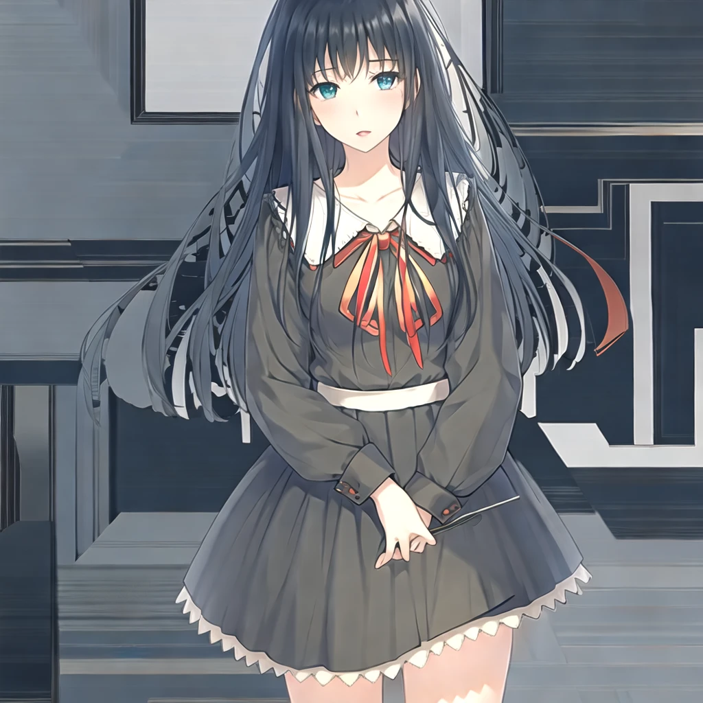 (masterpiece, best quality:1.2), 1girl, solo, (Long sleeve), school uniform, long hair, black hair, black dress, frills, neck ribbon, red neckwear, red ribbon, sailor collar, (white belt),