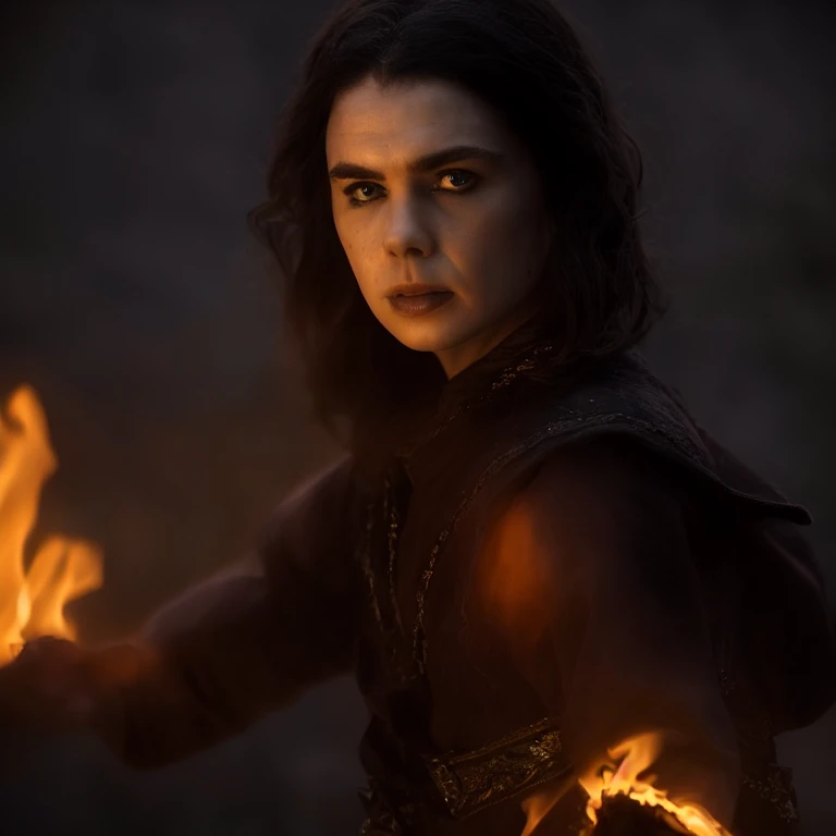 Upper body, (((Cinematic epic poster))) of Larys Strong , Gothic style, (((detailed face))), (a detailed RAW photo of a ), (master part:1.0), (best quality:1.4), (Ultra Highres:1.2), (photorealistic:1.4), 8K resolution, Canon EOS R5, 50 millimeters, Absurd, Ultra Detailed, sharp focus, Cinematic lighting, detailed face, (ULZZANG-6500-V1.1), detailed skin texture, pale skin, chest round, (pale :0.5), Cinematic lighting. (((Abstract flame background, cinematic lighting )))