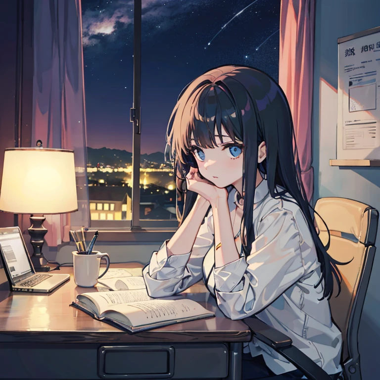 Beautiful woman Studying Focused face on desk inside in room by night murky Starry sky view Test Preparation