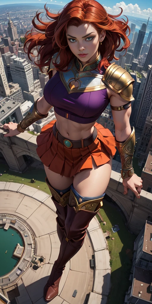 (masterpiece, best quality, 4k, detailed, intricate, realistic),floating in midair,above city,from above,fisheye lens,starfire,orange skin, red hair,gorget, crop top, armlet, vambraces, midriff, skirt, purple skirt, thigh boots,green eyes