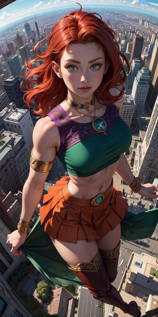 (masterpiece, best quality, 4k, detailed, intricate, realistic),floating in midair,above city,from above,fisheye lens,starfire,orange skin, red hair,gorget, crop top, armlet, vambraces, midriff, skirt, purple skirt, thigh boots,green eyes 