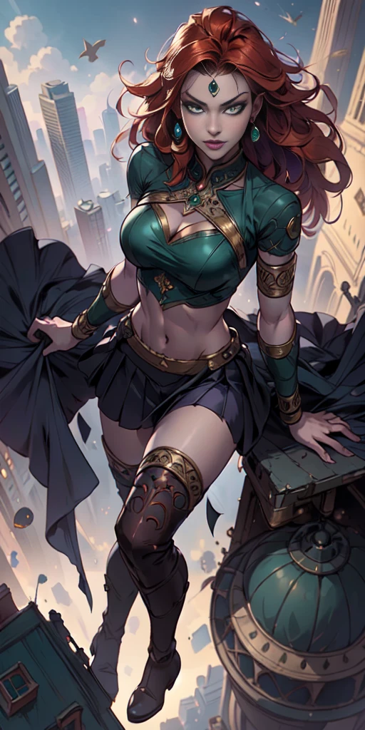 (masterpiece, best quality, 4k, detailed, intricate, realistic),floating in midair,above city,from above,fisheye lens,starfire,orange skin, red hair,gorget, crop top, armlet, vambraces, midriff, skirt, purple skirt, thigh boots,green eyes 