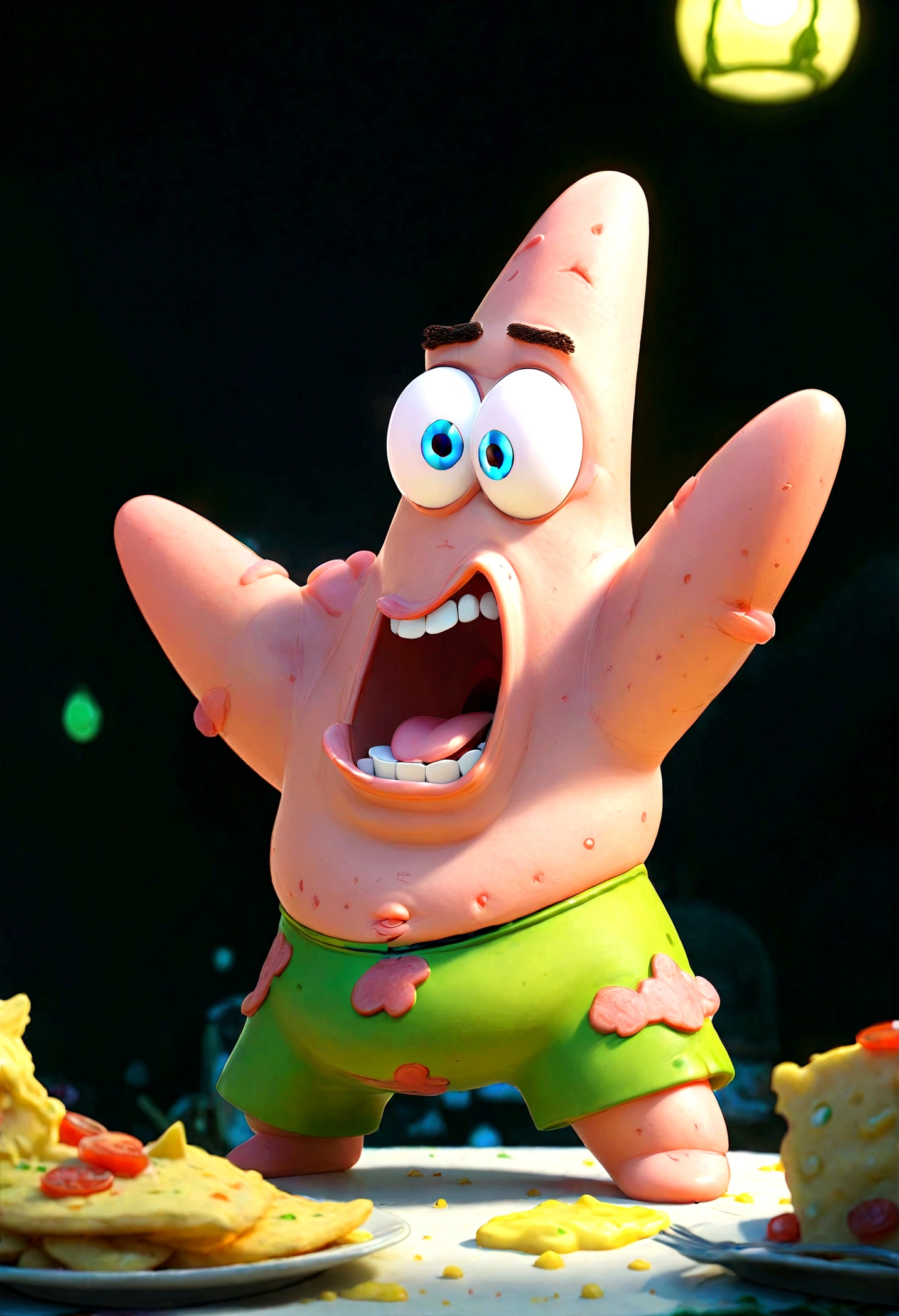 1boy, Patrick Star, ukj character, SpongeBob SquarePants, restaurant, anime, best quality, masterpiece, very aesthetic, perfect composition, intricate details, ultra-detailed