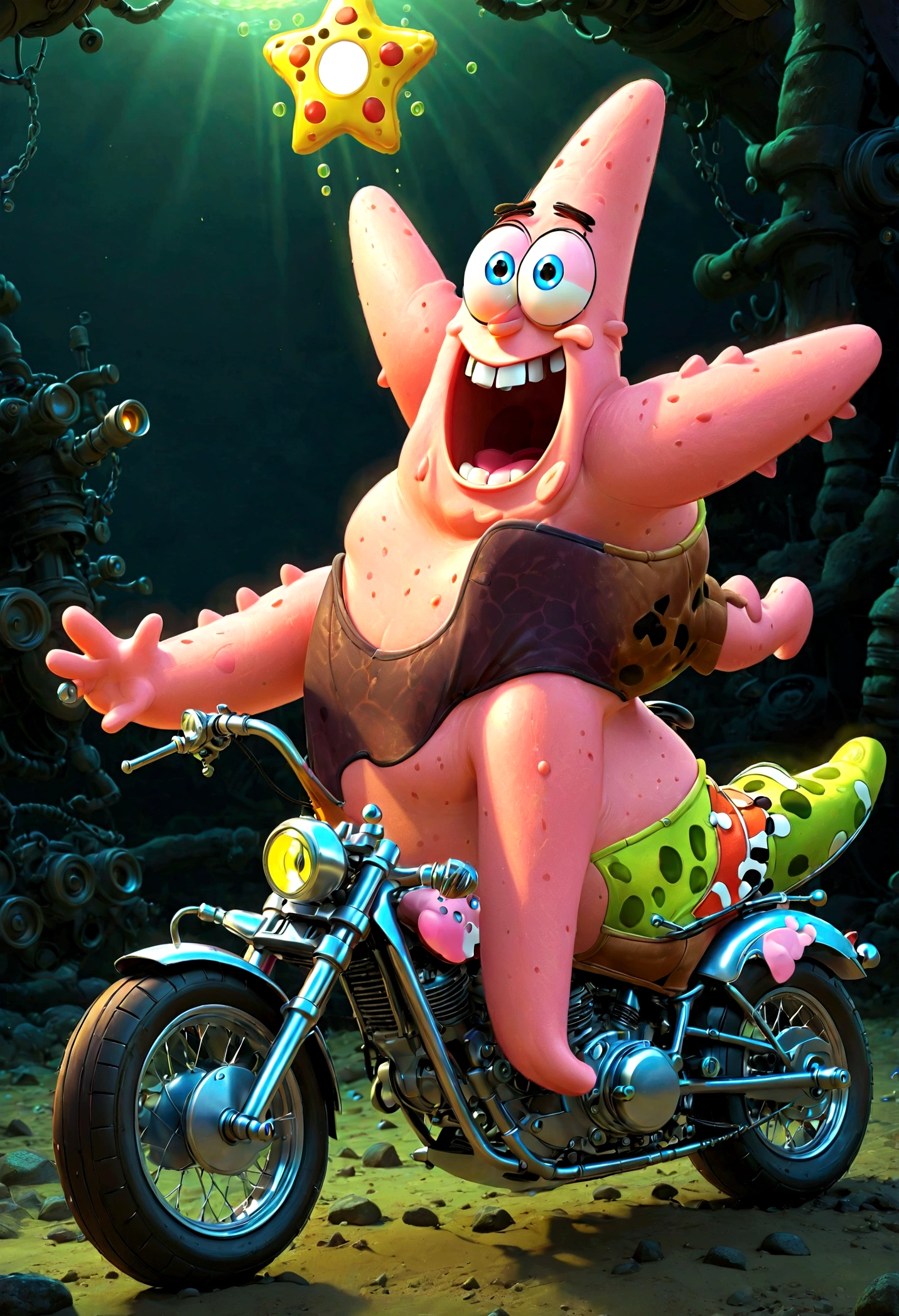 1boy, Patrick Star, ukj character, SpongeBob SquarePants, motorcycle, anime, best quality, masterpiece, very aesthetic, perfect composition, intricate details, ultra-detailed