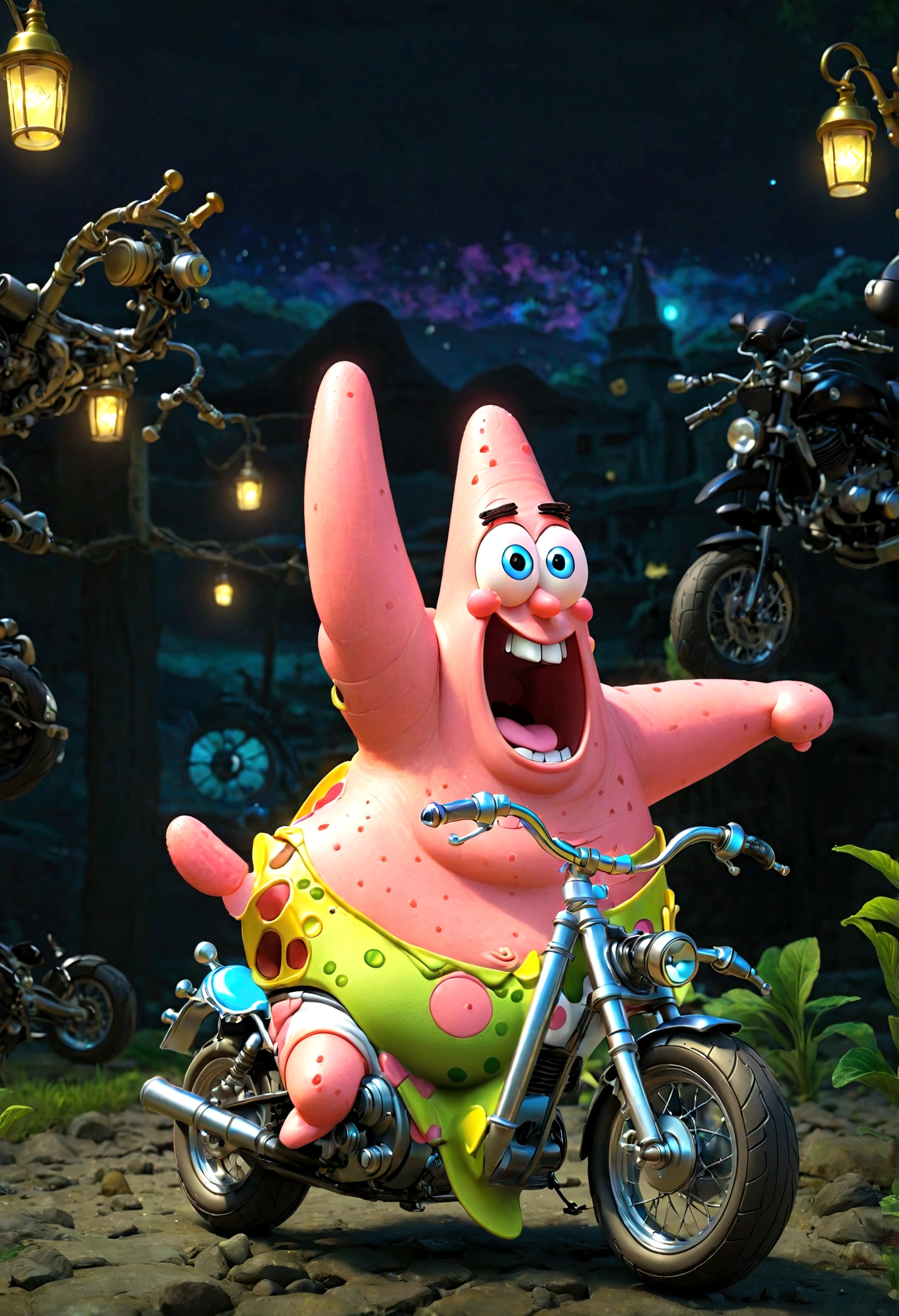 1boy, Patrick Star, ukj character, SpongeBob SquarePants, motorcycle, anime, best quality, masterpiece, very aesthetic, perfect composition, intricate details, ultra-detailed