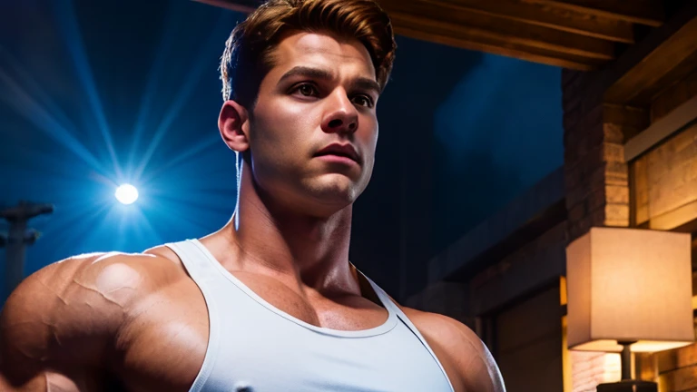 muscular, Bobby Drake, X-Men, red tank top and white pants, black sneakers, detailed facial features, brown hair, brown eyes, realistic lighting, cinematic, normal pose, high quality, 8K, photorealistic, chiaroscuro lighting, moody atmosphere, deep shadows, hyper-detailed skin, veiny muscular arms, dynamic action scene