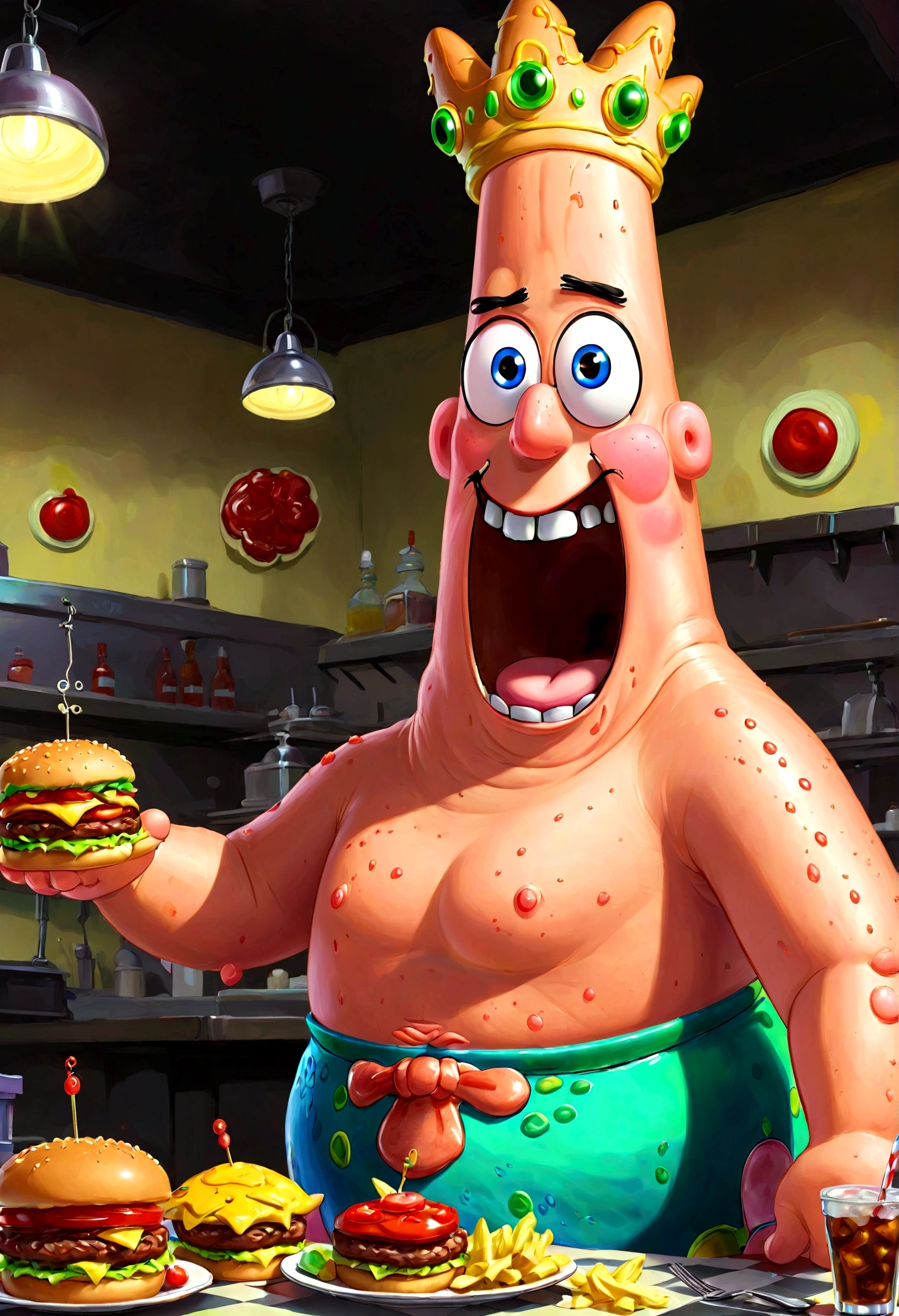 1boy, Patrick Star, ukj character, SpongeBob SquarePants, waiter, Burger Shop, anime, best quality, masterpiece, very aesthetic, perfect composition, intricate details, ultra-detailed