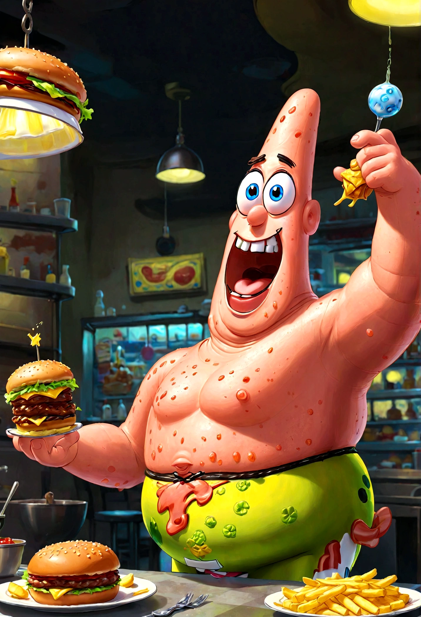 1boy, Patrick Star, ukj character, SpongeBob SquarePants, waiter, Burger Shop, anime, best quality, masterpiece, very aesthetic, perfect composition, intricate details, ultra-detailed