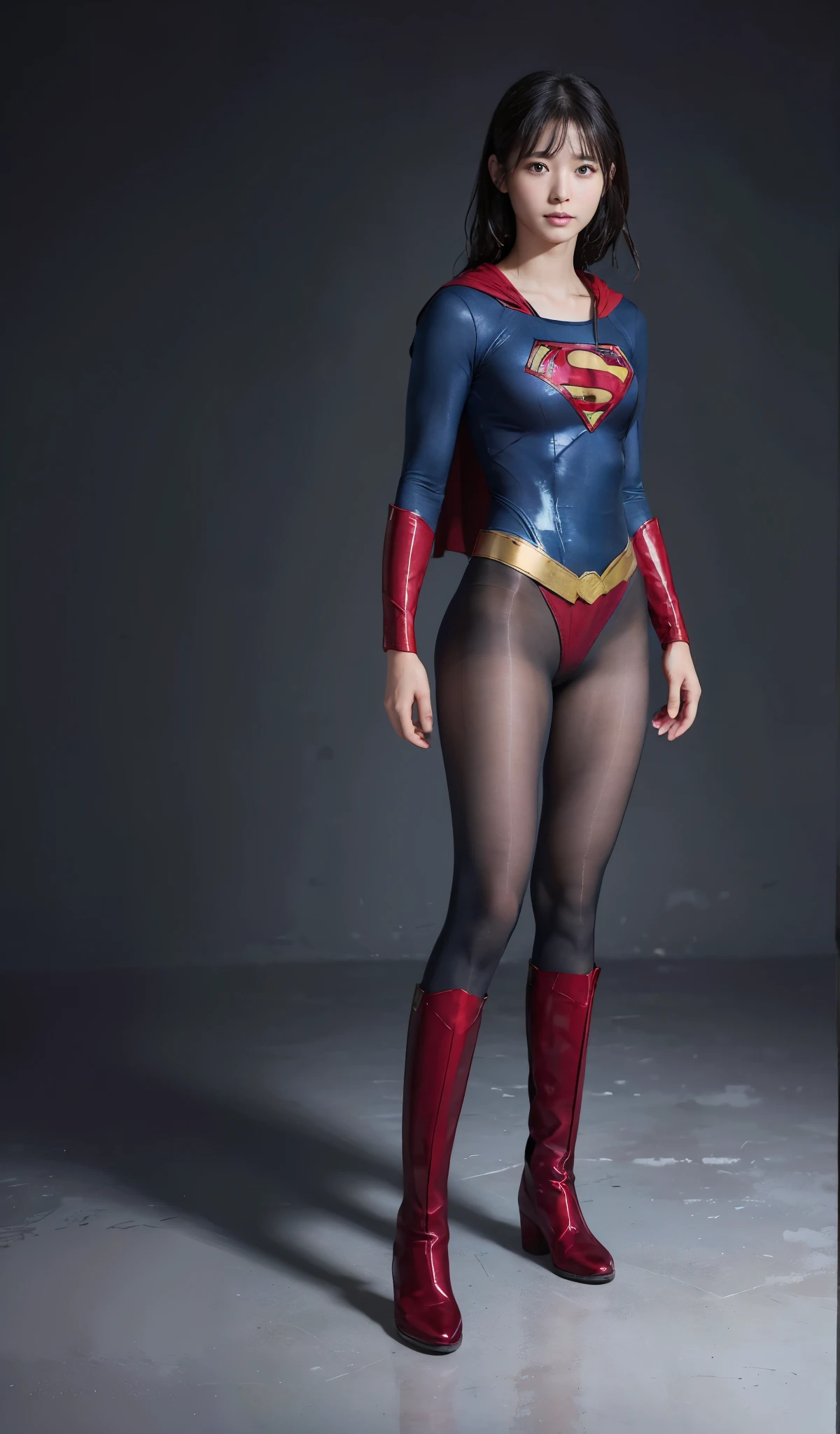 No background、(((Beautiful legs in black tights.)))、(((Legally express the beauty of your smile)))、((((Make the most of your original images)))、(((Supergirl Costume)))、(((Beautiful boyish hairstyle)))、(((suffering)))、(((Please wear black tights....、Be sure to wear red boots)))、((Best image quality、8k))、((highest quality、8k、masterpiece:1.3))、(((Preserve background )))、Sharp focus:1.2、Beautiful woman with perfect figure:1.4、Slim Abs:1.2、Wet body:1.5、Highly detailed face and skin texture、8k