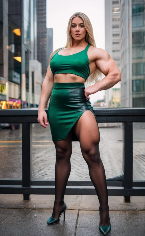 A heavily muscled iffb pro female bodybuilder,  full length photoshoot, sexy woman, long straight blonde hair, blue eyes, high arched eyebrows, seductive look, green silk shirt, black pencil leather skirt, stilettos, midnight modern metropolis, spot lighting, backlight on hair, shallow depth of field, bokeh, high heels, black pantyhose, office outfit, professional elite classy woman, luxury secretary, elegant pose, lawyer woman, leather boots