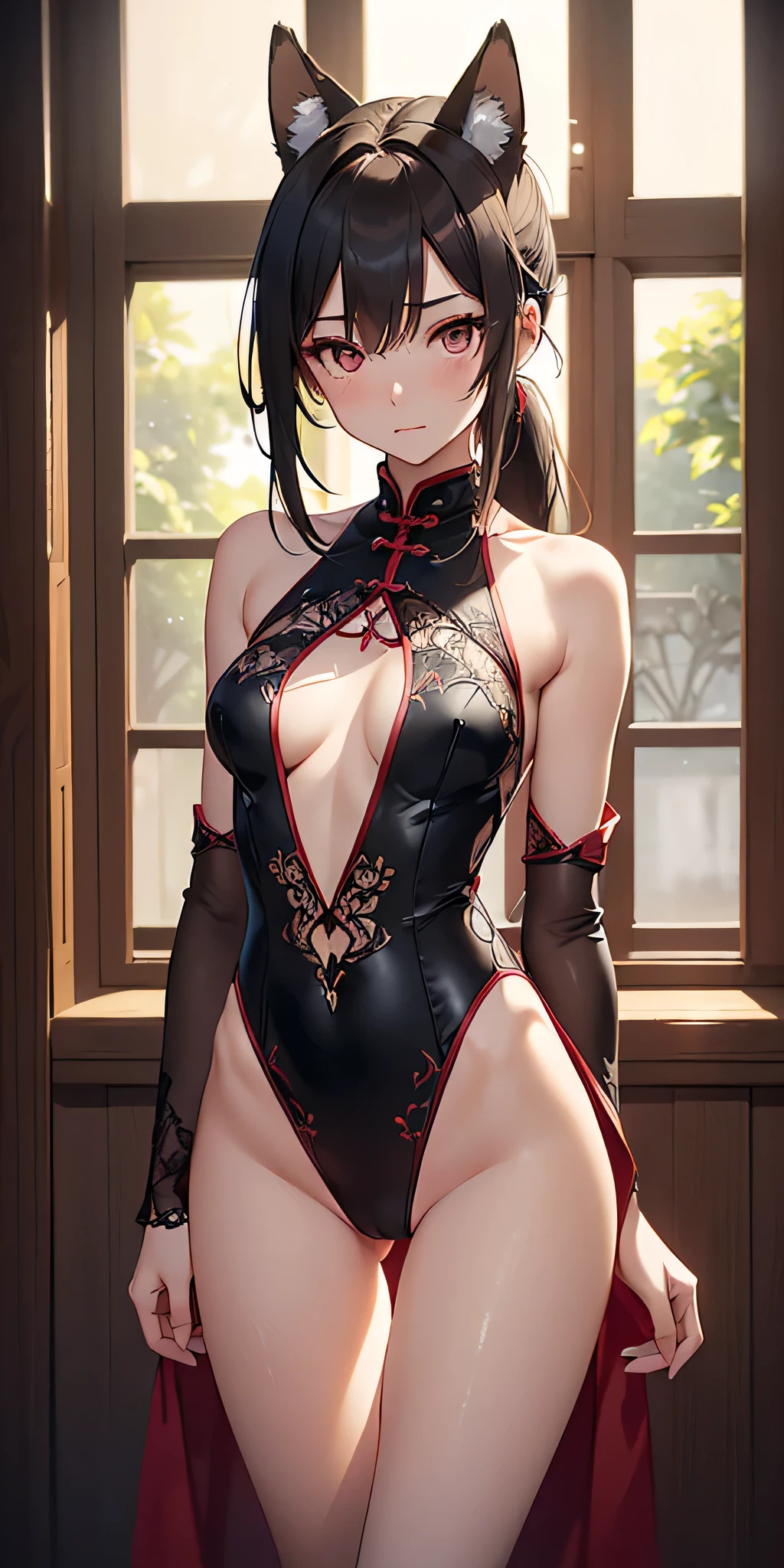 (((professional: Step by step, taking into account even the smallest detail, God-level final result, all intricate details, cowboy shot, solo 1girl view))): "1 fox girl, ruby eyes, fox ears, fox tail, high ponytail, firm breasts, medium breasts, smug, cute, short black china dress, very low-cut, (light clothing very thin and transparent like air), side full body, pelvic short curtain, thigh ribbon, (pumps:1), (open legs, hugging own leg:1.1), chinese style, indoors, sharp focus, see nude, covered body, looking at viewer, (intricate:1.3), red light theme, (orange tone:0.7), illustration, "