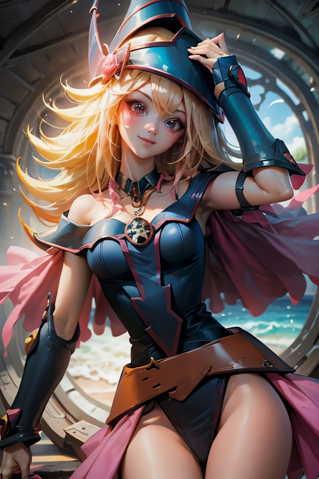 Crea el hermoso rostro de dark magician gils. Ojos azules. Labios rosados. Tes blanca. Cabello rubio. girl smile. Hombros destapados y en bikini. Collar en el cuello. Rostro de dark magician gils . En bikini. Pose sensual y inocente