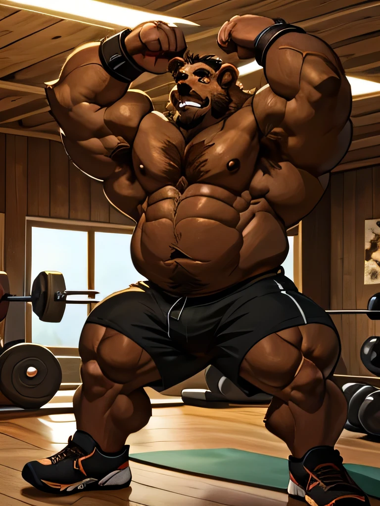 chubby Grizzly Bear adventure in the gym, brown fur, thick arm, huge arm, bearded. brown hair and brown beard, bearded, muscular, pectoral, wide pectoral, realistic, 8k, masterpiece, (wearing black shorts, wristbands and shirtless:1.3, topless, shoes) stretching his body muscles