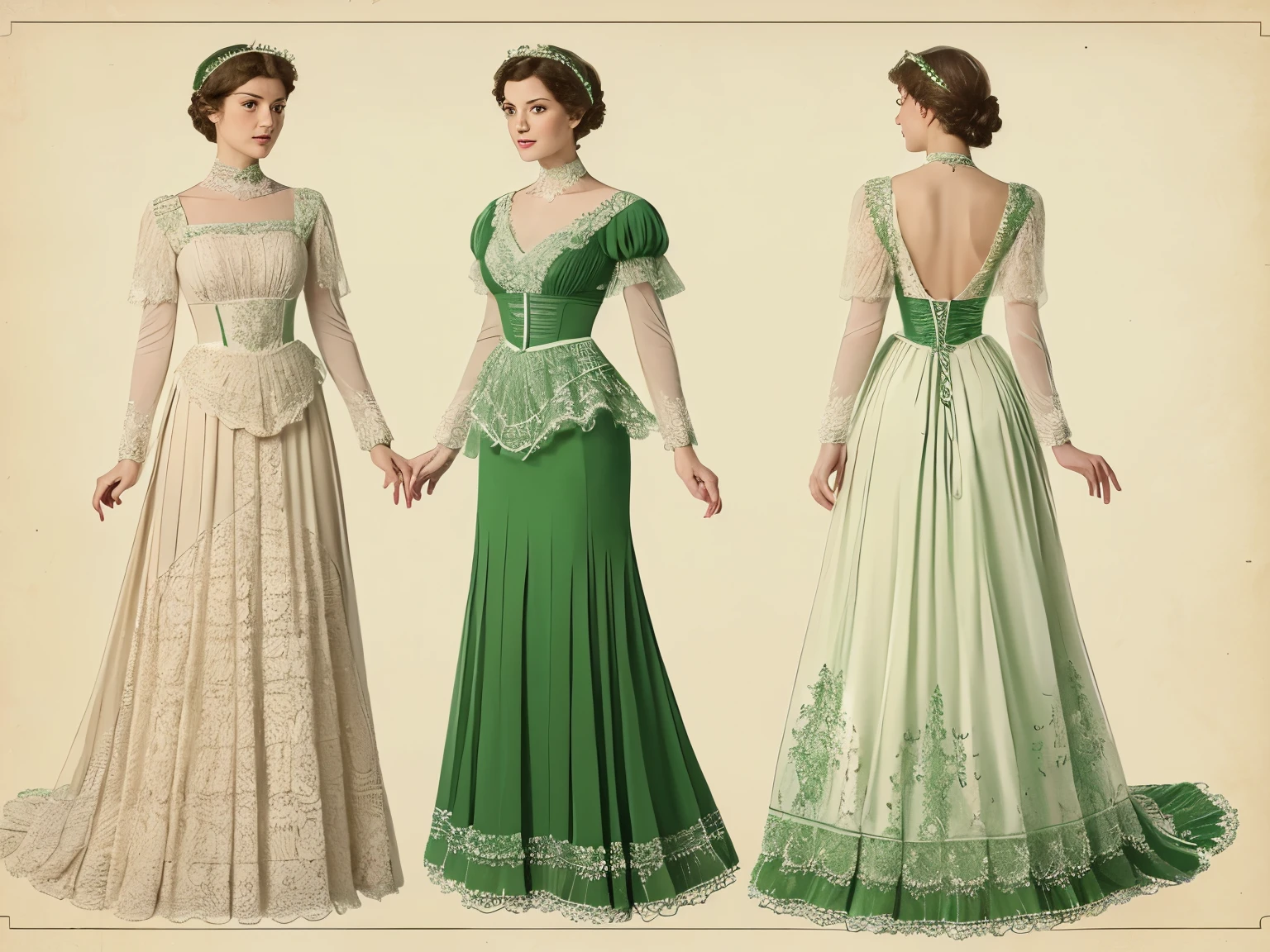 ((High-quality work)), the lines are clear and concise, the green dress and the beautiful pleated lace complement each other, which enriches the layering of the whole picture, the graceful Edwardian lace dress and the princess skirt add a lot to the character, the gesture with the back of the hand behind , It also shows the gentle and elegant side of women.