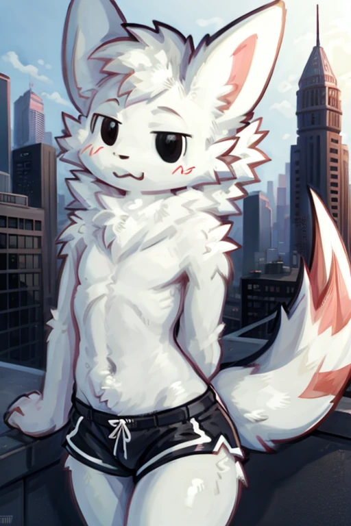2boys, city, buff, wearing shorts, any eye color and expression, fluffy fur, fluffy tail, rooftop