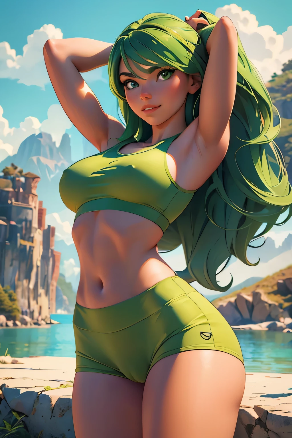 Masterpiece, raw, beautiful art, professional artist, 8k, very detailed face, very detailed hair, 1girl, Kim Possible, wearing green gym shorts and bra, no labels, no branding, cameltoe, exercising, stretching, yoga poses, in a tranquil mountain dojo, perfectly drawn body, beautiful face, long hair, very detailed eyes, smiling, rosey cheeks, green hair, intricate details in eyes, puckered lips, perfect fit body, beautiful body, extremely detailed, intricate details, highly detailed, sharp focus, detailed skin, realistic skin texture, texture, detailed eyes, high resolution, kodak vision color, foto_\(ultra\), post-processing, maximum detail, roughness, real life, ultra realistic, photorealism, photography, absurdres, RAW photo, highest quality, high detail RAW color photo, professional photo, extremely detailed UHD 8k wallpaper unit, best quality, highres, (masterpiece, top quality, high resolution:1.4), photo, cinematic, film grain, sharp, soft natural light, magic photography, super detailed