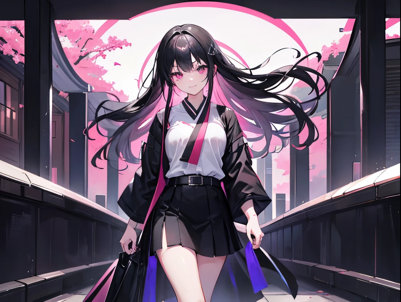 Dark black hair、Pink Eyes、4K photo of an 18 year old girl with a black belt。 Wearing sexy clothes, walking through the beautiful night with a smile