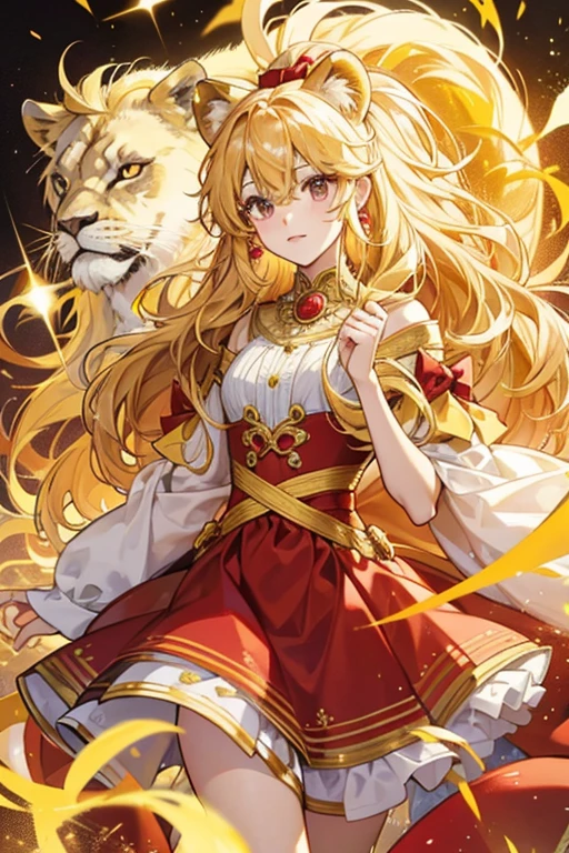 Lakotchi resembles a lion with a pale yellow body and yellow mane tied in a red bow. SPARKLE; GLITTER