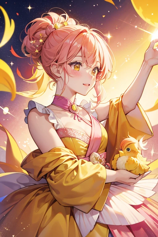 Riyotchi is a yellow chick with an orange beak, pink blush, and hair tied up in two buns. SPARKLE; GLITTER