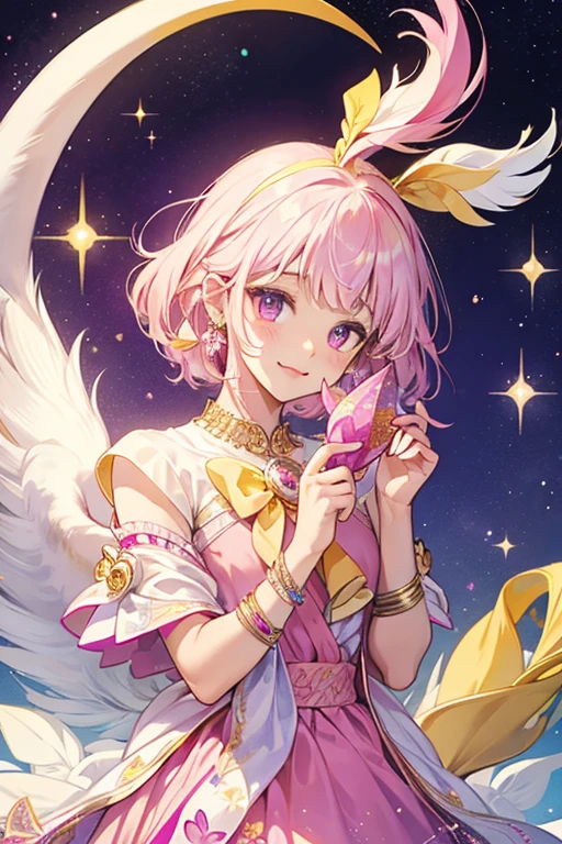 Mayantchi is a swan with a yellow beak and pink and purple bow on their head. SPARKLE; GLITTER