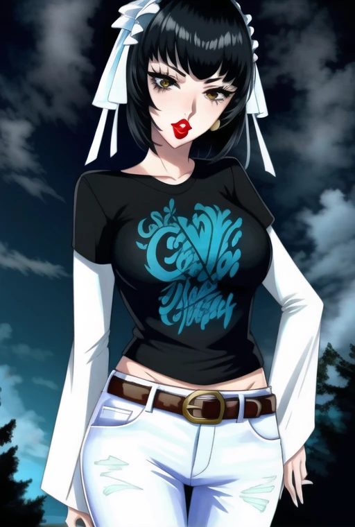 1girl, CelestiaDG, 1girl, solo, black t-shirt, white shirt, blue jeans, belt, lipstick, large breasts, layered sleeves