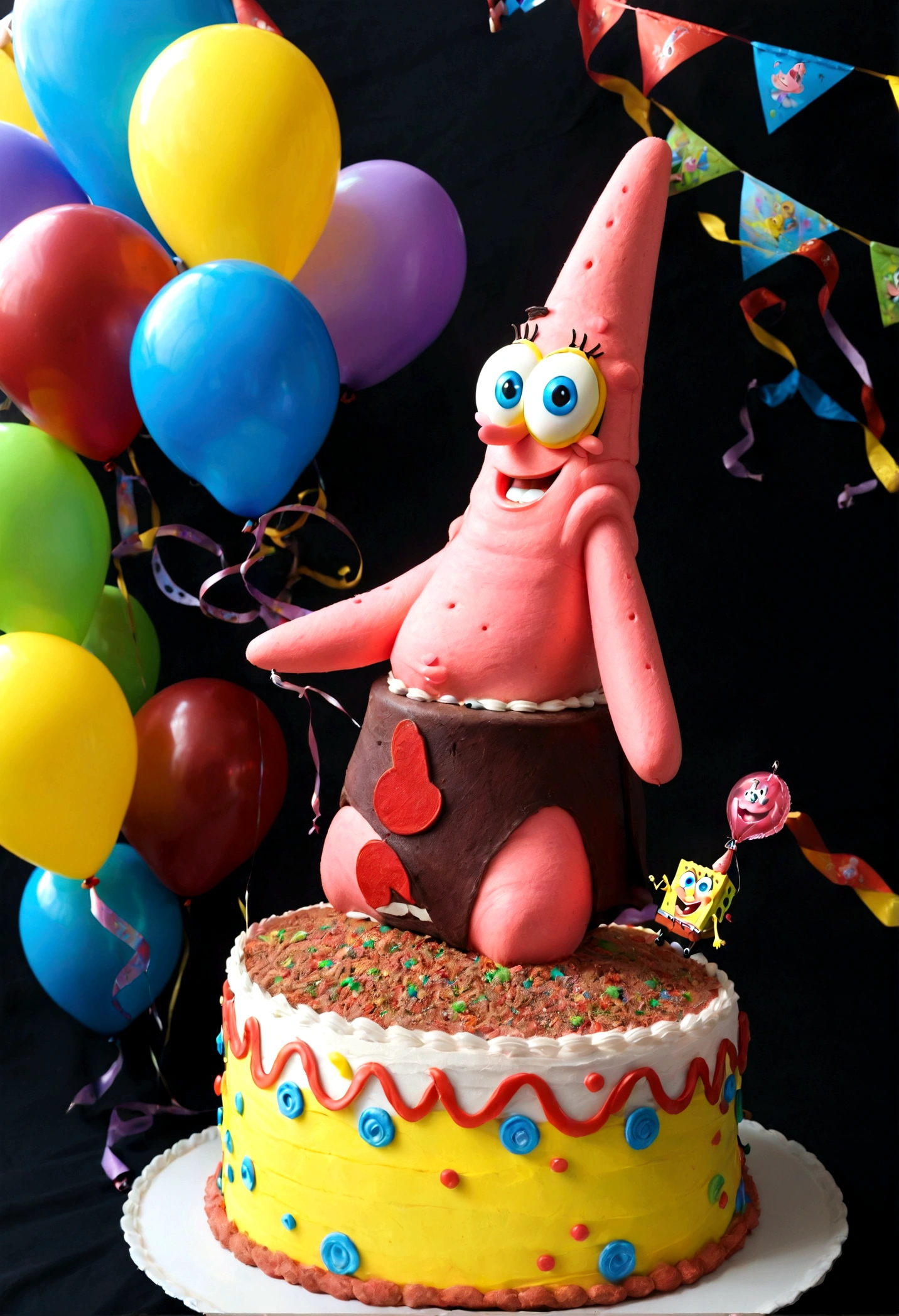 1boy, Patrick Star, ukj character, SpongeBob SquarePants, Birthday cake, birthday hat, ribbons, balloon, anime, best quality, masterpiece, very aesthetic, perfect composition, intricate details, ultra-detailed