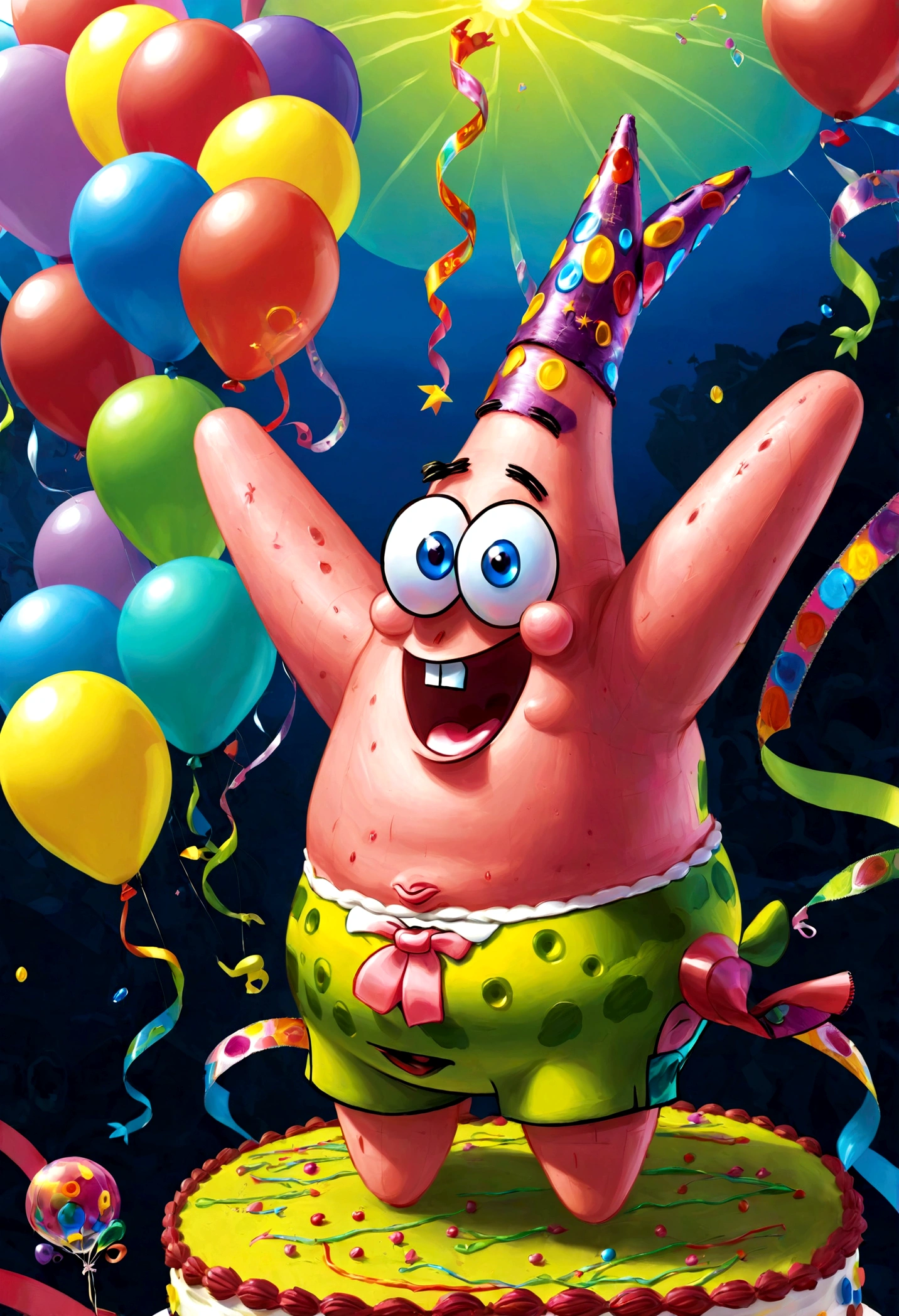 1boy, Patrick Star, ukj character, SpongeBob SquarePants, Birthday cake, birthday hat, ribbons, balloon, anime, best quality, masterpiece, very aesthetic, perfect composition, intricate details, ultra-detailed