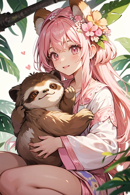 Anotchi is a light brown sloth with pink and white markings. She wears a pink flower on her head. SPARKLE; GLITTER